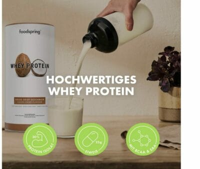 Gönn dir jetzt das foodspring Whey Protein Pulver Kokosnuss und erlebe, wie es deinen Fitnessalltag bereichert. 