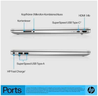 Detailansicht der verschiedenen Anschlüsse vom HP Laptop