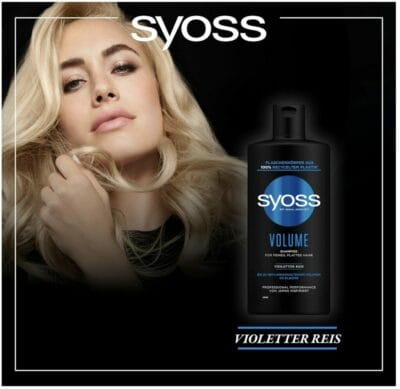  Syoss Shampoo Volume (440 ml) Violetter Reis mit Model im Hintergrund