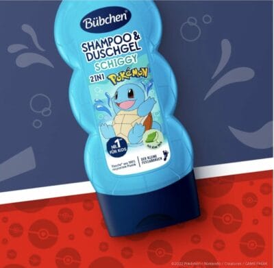 Bübchen Pokémon Schiggy Shampoo & Duschgel: 230 ml, pH-neutral, vegan, kinderfreundlich, dermatologisch bestätigt.