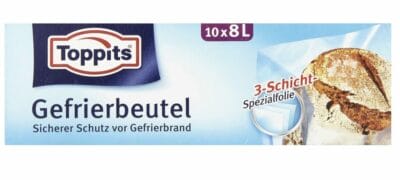 Toppits 8L Gefrierbeutel: Frische Lebensmittel, stabile Standboden, reißfest, beschriftbar, 10 Stück pro Packung.