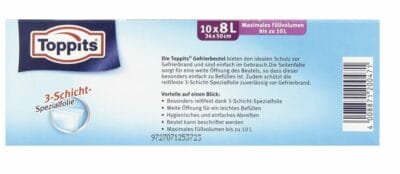 Toppits Gefrierbeutel 8L: Reißfest, Standboden, leichtes Befüllen, schützt vor Gefrierbrand, 10 Stück.
