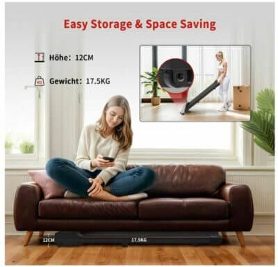 Platzsparendes Walking Pad mit geringem Gewicht. Passt unter ein Sofa