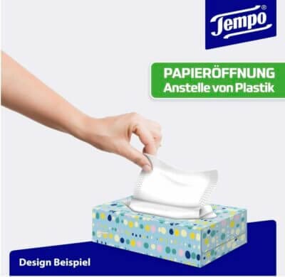 Tempo mit Papieröffnung anstelle von Plastik