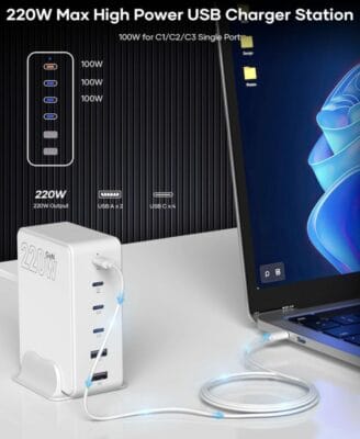 USB Ladegerät Mehrfach: 220W GaN III, 8 Ports, schnelles Aufladen für Laptop, iPad, iPhone.