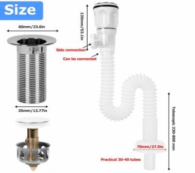 Dachiy Abflussrohr-Kit: Flexibler Ablaufschlauch, ausziehbar 230-800 mm, mit Pop-Up-Filter und geruchsdichter Insektendrainage.