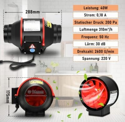 Ansobea Rohrventilator 100mm: Leise, 310m³/h, mit Fernsteuerung, ideal für Bad, Küche und Gewächshaus.