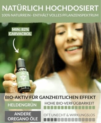 Hochdosiertes BIO Oregano Öl von Heldengrün: 82% Carvacrol, zertifiziert und aus Griechenland, 100% rein.