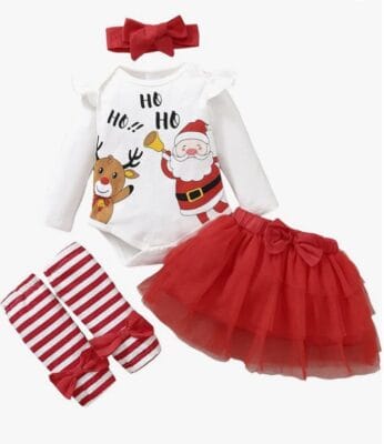 Festliches Baby-Outfit: Strampler mit Print, Rock und Beinwärmer – perfekt für Weihnachten!