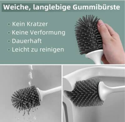 Hygienische WC-Bürste mit Silikonkopf und Halter, Wandmontage oder stehend – für ein sauberes Bad.