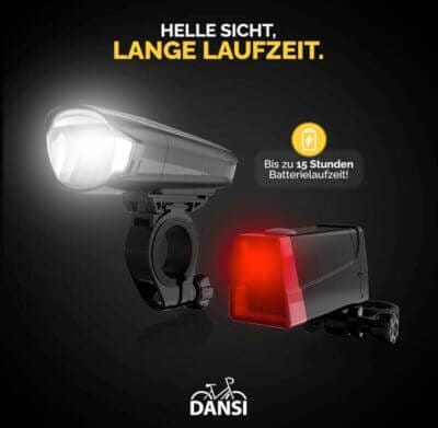 DANSI LED-Fahrradleuchten-Set: 30 LUX, StVZO-zugelassen, werkzeuglose Montage, Batterieanzeige und energiesparende Stufe.