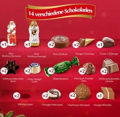 Genieße täglich eine neue Überraschung mit dem Lindt Adventskalender, voller exquisiter Milchschokolade und Pralinen.