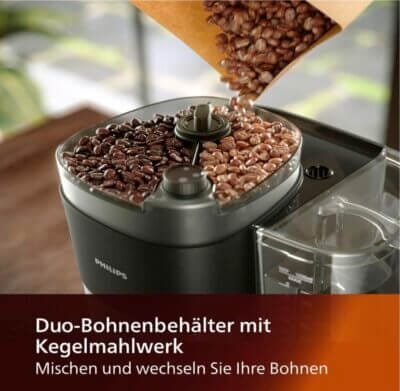 PHILIPS All-in-1 Filterkaffeemaschine: Integriertes Mahlwerk, Duo-Bohnenbehälter, individuelle Intensitätseinstellungen, perfekt für Unterwegs.