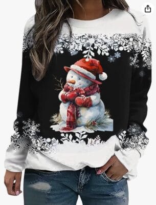 Damen Weihnachtspullover: Oversize, Schneemann-Motiv, gemütlich und stilvoll, ideal für festliche Anlässe.