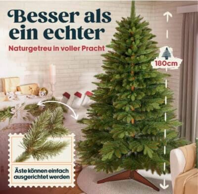 Pure Living Testsieger Weihnachtsbaum: Realistisches Design, platzsparend, mit Holzständer und 10-Jahres-Garantie.
