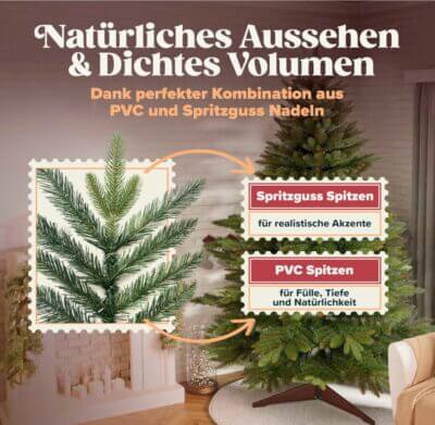 Täuschend echter 180 cm Weihnachtsbaum mit dichter Zweigen, edlem Holzständer und 10 Jahre Garantie.