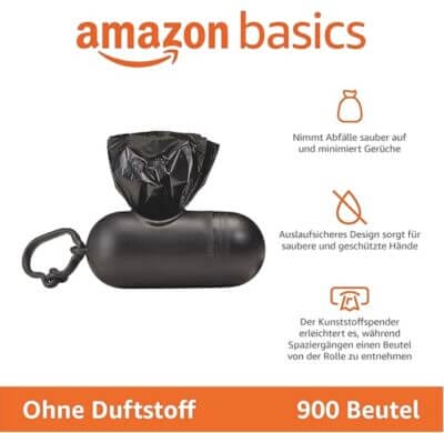 Praktisches Hundekotbeutel-Set: 900 schwarze Beutel, robust, geruchsminimierend, inklusive Spender und Karabinerhaken.