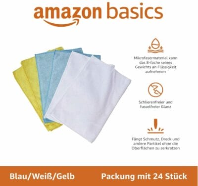 Saugstarke Mikrofaser-Reinigungstücher von Amazon Basics: 24er Pack, 3 Farben, perfekt für Haushalt und Auto.