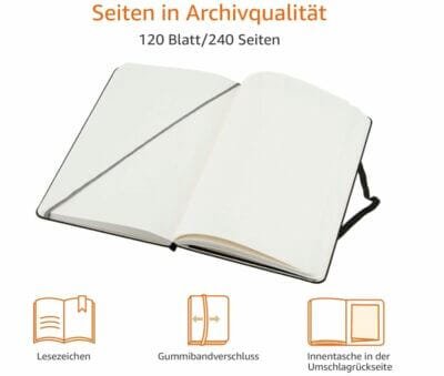 Amazon Basics klassisches Notizbuch, groß, 240 blanko Seiten, säurefreies Papier, elastisches Verschlussband, schwarz.