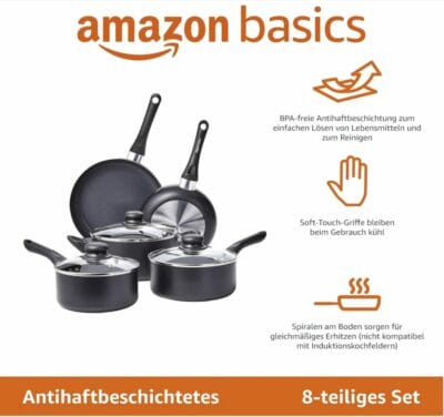 Vielseitiges Kochset: 8 Teile, Aluminium, Antihaftbeschichtung, Soft-Touch-Griffe, für Gas- und Elektroherde geeignet.

