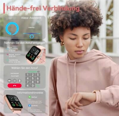 Innovative Damen Smartwatch mit Telefonfunktion, integriertem Alexa, 110 Sportmodi und personalisierbarem HD-Display.
