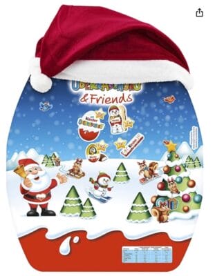 kinder Überraschung & Friends Adventskalender, 370g: 24 Tage voller Schokoladenfreude mit Weihnachtsmütze und Überraschungseiern.

