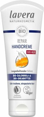 Die lavera Repair Handcreme verwöhnt strapazierte Hände mit einer reichhaltigen Formel aus Bio Calendula und Bio Sheabutter, die tiefenwirksam regeneriert und pflegt.