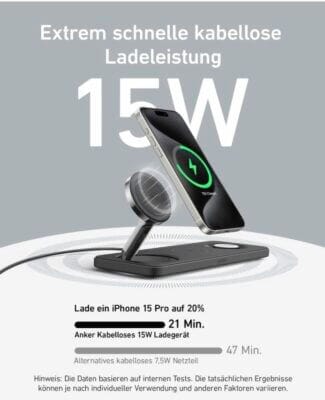 Ultraschnelles Laden: Anker 3-in-1 Ladestation mit 15W Leistung, platzsparend und flexibel einstellbar.