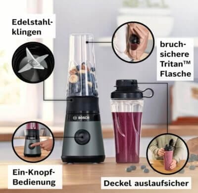 Bosch Mini-Standmixer VitaPower 2: Leistungsstark, kompakt, perfekte Smoothies – direkt in der ToGo-Flasche mixen.

