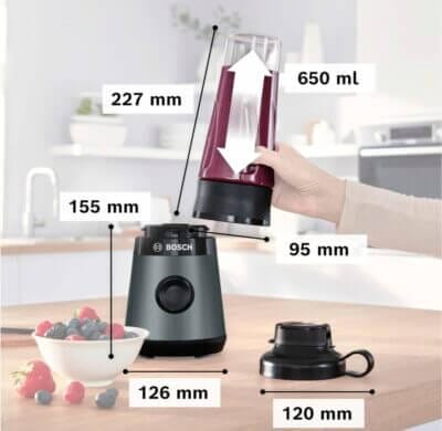 Mini-Standmixer VitaPower von Bosch: 450 Watt, 40.000 U/min, Edelstahlklingen, ToGo-Flasche, spülmaschinengeeignet.