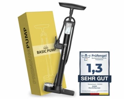 Zuverlässige Fahrradpumpe: DANSI mit Manometer, Adapter und Klappfuß – ideal für unterwegs.