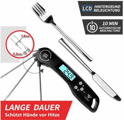 Perfekte Kochergebnisse: DOQAUS Grillthermometer mit umkehrbarem Display, Edelstahlsonde und automatischer Abschaltung.