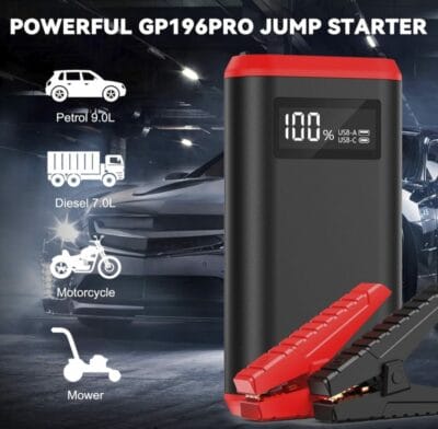 GREPRO Starthilfe Powerbank: Startet bis zu 9.0L Benzinmotoren, inklusive LCD und LED-Taschenlampe.