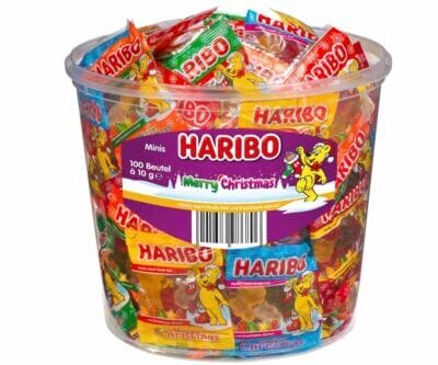 Haribo Christmas Minis – 980 g Eimer voller Fruchtgummi-Mischung, perfekt portioniert für Weihnachten.