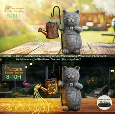 LED Katze Deko Statue tagsüber nachts Vergleichsbild 