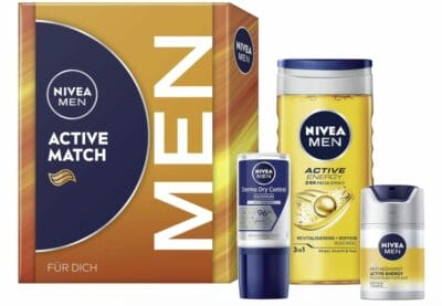 Schutz und Frische für Männer: NIVEA MEN Active Match Set mit Duschgel, Creme und Deo.