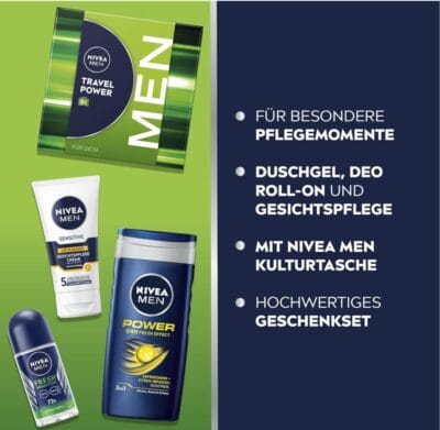 Frisch unterwegs mit NIVEA MEN: Duschgel, Deo und Gesichtscreme im kompakten Reiseset.