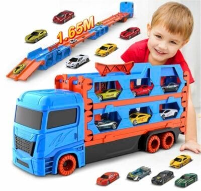 Spannende Rennabenteuer erleben: VATOS Transport Truck mit 6 bunten Autos, perfekt für unterwegs.