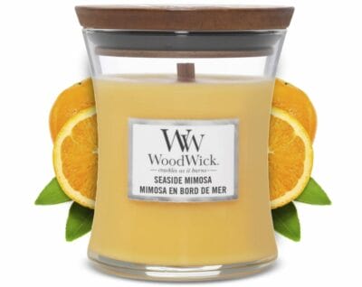 WoodWick Duftkerze Seaside Mimosa – Lang anhaltender Duft, PlusWick Innovation, hochwertige Wachsqualität, dekoratives Highlight.