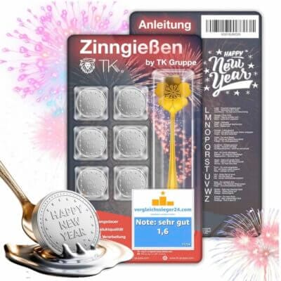 Feiere Neujahr mit Happysparks® Zinngießen: 7er Set, sicherer als Blei, inklusive Orakelheft.