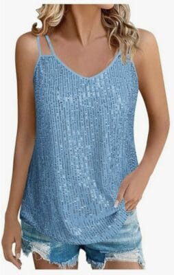 Damen Pailletten Top Glitzer Oberteil hellblau