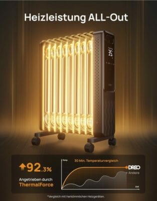 Dreo Ölradiator 2000W: schnelle, leise Heizung, 360° Wärmeabgabe, Energieeffizienz mit 3 Heizstufen und Eco-Modus.