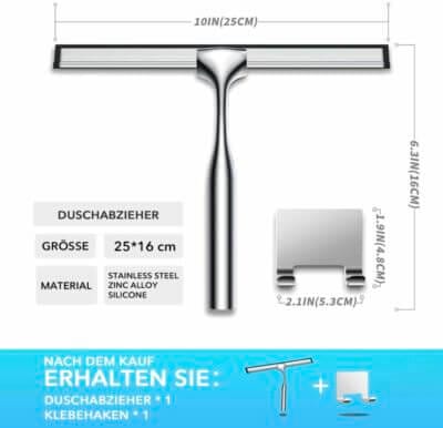 SSTOOHL Edelstahl Duschabzieher – Rostfrei, geräuschlos, effizient, Silikonklinge, perfekt für Glas und Fliesen.