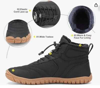 Genieße warme Füße im Winter mit FLARUT Barfußschuhen: Wasserabweisend, gefüttert, breiter Zehenraum.