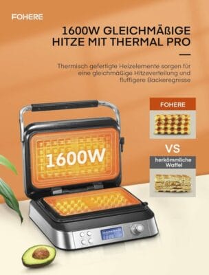 FOHERE Waffeleisen 1600 W – Perfekte Waffeln mit fünf Backprogrammen und sieben Bräunungsstufen.