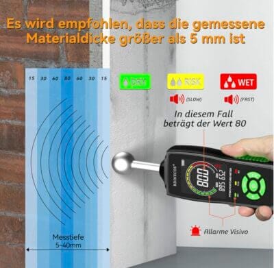 Effizientes Feuchtigkeitsmanagement mit RDINSCOS: misst Wandfeuchtigkeit ohne Schaden, mit Taschenlampe für dunkle Bereiche.