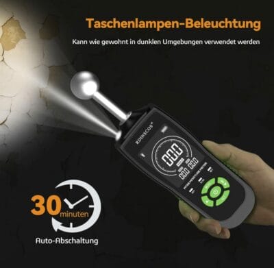 RDINSCOS Feuchtigkeitsmessgerät: Zerstörungsfrei, erkennt Feuchtigkeit bis 40 mm Tiefe, ideal für Baustoffe und Kellerwände.