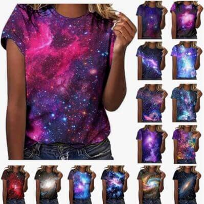 Auffälliges Damen T-Shirt mit Galaxie-Druck, perfekt für Streetwear und als Space Kostüm.

