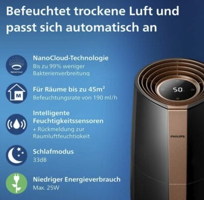 Genießen Sie saubere Luft zu Hause mit dem Philips Luftbefeuchter 3000, ultra-leise, 3L Tank.