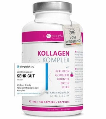 Hochdosierte Kollagen Kapseln mit Hyaluron, Gojibeere und Grüntee – Natürlich, laborgeprüft, made in Germany.